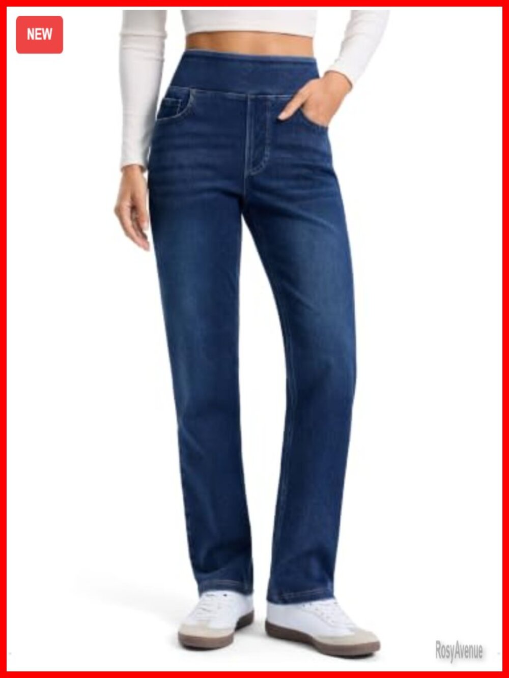 Pull On Straight Leg Stretchy Denim Jeans Tummy Control High Rise Pants